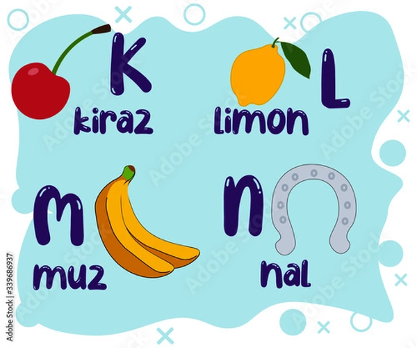 Obraz Resimli Türkçe Alfabe: Means Turkish Alphabet with pictures. Designed for students or teachers to show characters with a colorful and funny way.