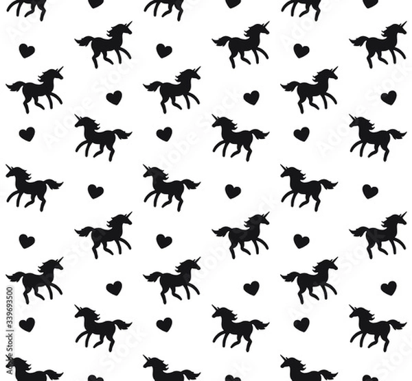 Fototapeta Vector seamless pattern of black sketch unicorn silhouette isolated on white background
