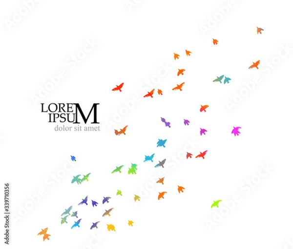 Fototapeta Multi-colored birds. A flock of flying rainbow birds. Mixed media. Vector illustration