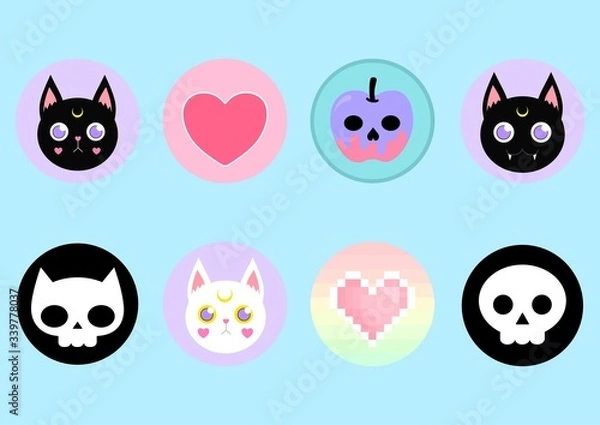 Fototapeta Cute pastel goth halloween icons included witchy cat skull heart and cat skull on pastel blue background