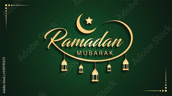 Fototapeta Ramadan Mubarak English calligraphy text on green background with lanterns, moon, star & 3d look