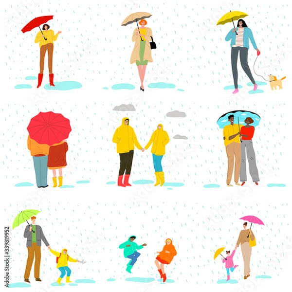 Fototapeta Set of people with umbrellas feeling happy during rain vector illustration