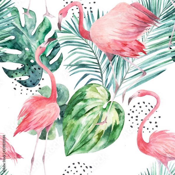Fototapeta Tropical seamless pattern with flamingo and palm trees. Watercolor  print on white background. Summer hand drawn illustration