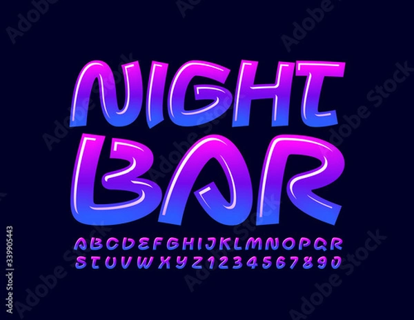 Fototapeta Vector glossy sign Night Bar with creative Font. Blue and Violet glossy Alphabet Letters and Numbers