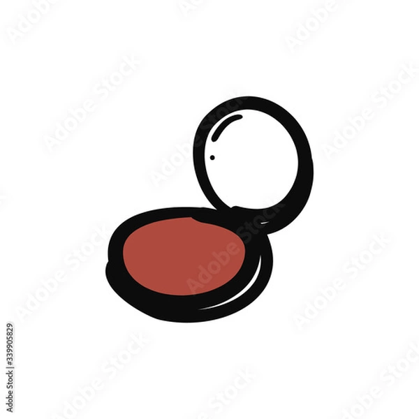 Fototapeta Compact powder box for skincare in flat style. Vector hand-drawn icon isolated on white background. Beautiful hand-drawn open black container with a mirror and pink powder. Fashion,  make-up concept 