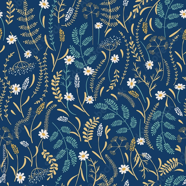 Obraz Vector seamless  pattern with  leaves and  flowers on blue background.  Floral illustration for textile, print, wallpapers, wrapping.