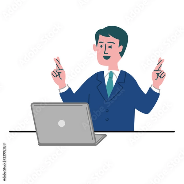 Fototapeta スーツ　男性　パソコン　クロスフィンガー　幸運を祈る