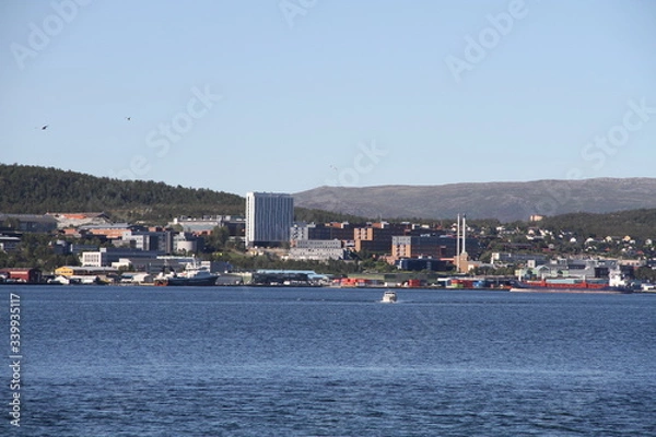 Fototapeta bird birds cormorants tromso tromsø  water travel tourism sea coast nature port blue landscape sky harbor architecture europe boatship mountain summer bay view city beautifull and mark mediterranean v