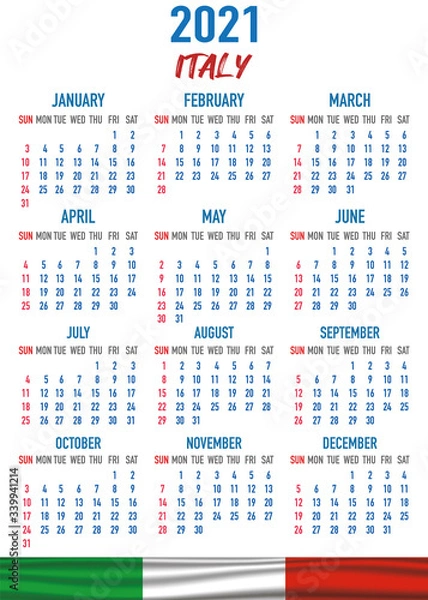 Fototapeta Italy Calendar with flag. Month, day, week. Simply flat design. Vector illustration background for desktop, business, reminder, planner