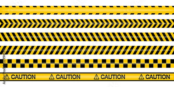 Fototapeta Yellow and black police tape for warning of dangerous areas, caution tapes, warning tape sets must be careful for construction and crime
