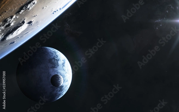 Fototapeta Planets somewhere in deep space in rays of white star. Science fiction. Elements of this image furnished by NASA