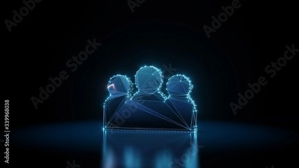 Obraz 3d rendering wireframe neon glowing symbol of group on black background with reflection