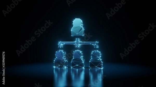 Obraz 3d rendering wireframe neon glowing symbol of hierarchical structure on black background with reflection