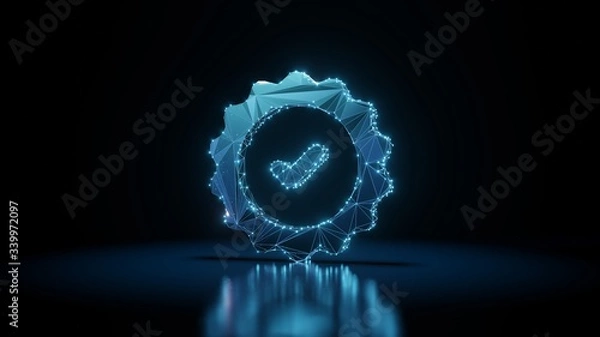 Obraz 3d rendering wireframe neon glowing symbol of check  on black background with reflection