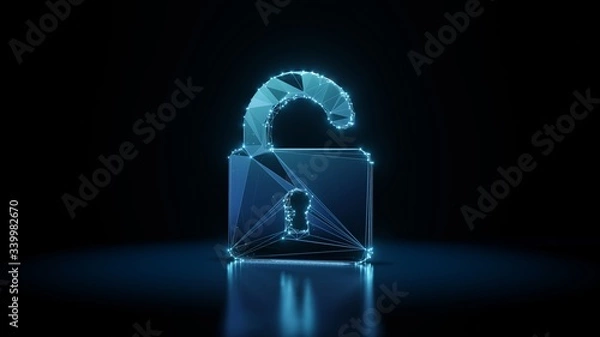 Obraz 3d rendering wireframe neon glowing symbol of padlock on black background with reflection