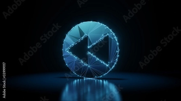 Obraz 3d rendering wireframe neon glowing symbol of rewind  on black background with reflection