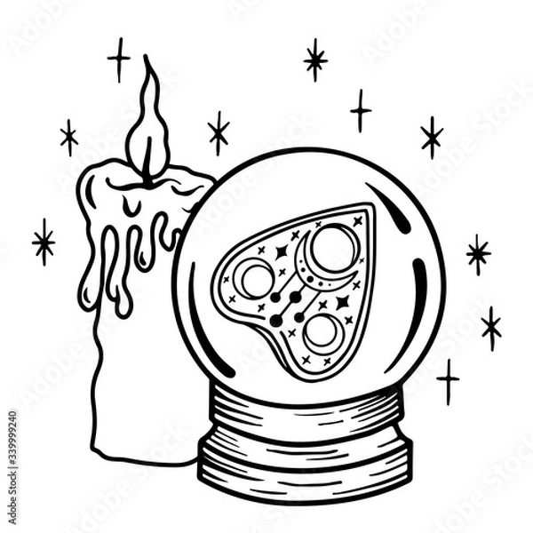 Fototapeta A magic prediction ball with a Ouija Board pointer inside and a candle. Magic crystal ball for divination. Perfect for tattoos and t-shirts