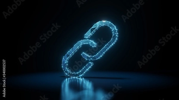 Obraz 3d rendering wireframe neon glowing symbol of unlink on black background with reflection