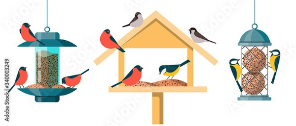 Obraz Different types of bird feeders - Hopper Or House Feeder, Nyjer Feeder and Suet Feeder. Illustrations in a flat cartoon style isolated on white background.