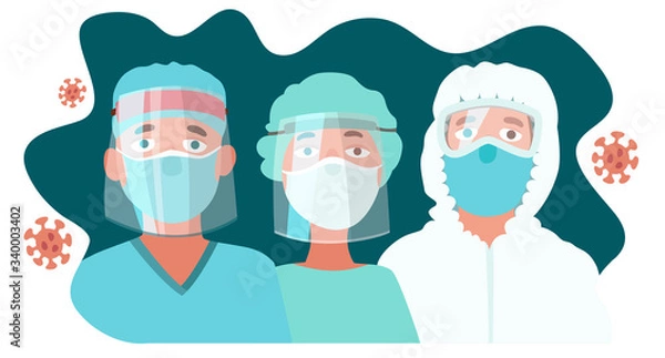 Obraz Three doctors use protective face mask and work at hospitals for your safety during the covid-19 epidemic and pandemic. Cartoon flat illustration isolated on white background.