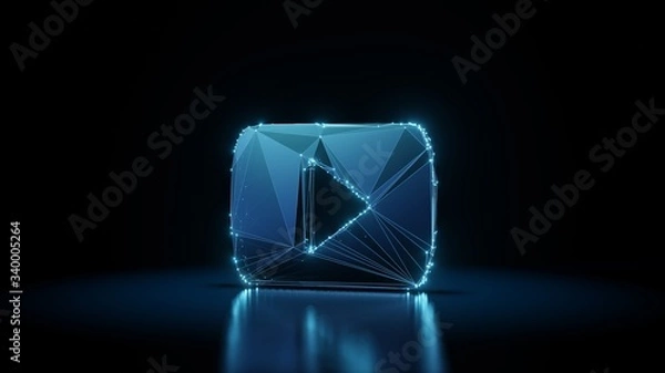 Obraz 3d rendering wireframe neon glowing symbol of YouTube logo on black background with reflection
