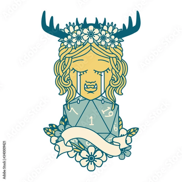 Fototapeta crying orc barbarian character face with natural one D20 roll illustration