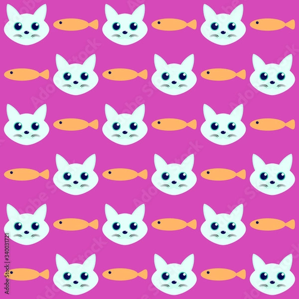 Fototapeta Cat and Fish Seamless Vector Pattern for Background and Set