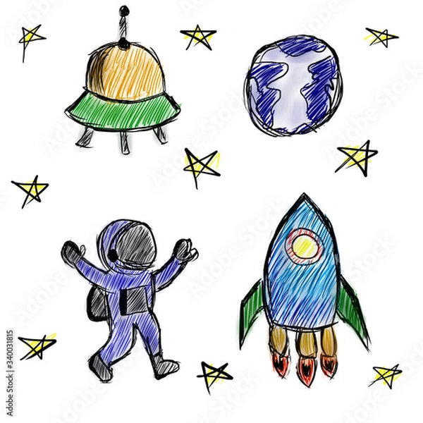 Obraz Sketches of space objects: stars, rocket, planet, UFO, astronaut in freehand drawing style.