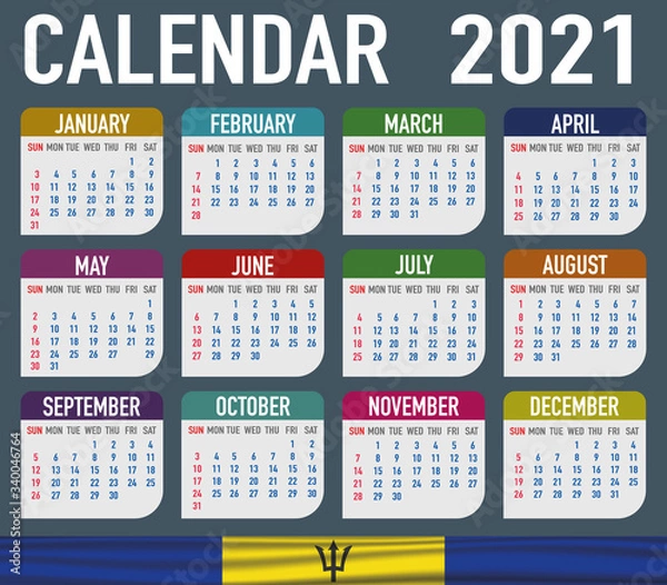 Fototapeta Barbados Calendar with flag. Month, day, week. Simply flat design. Vector illustration background for desktop, business, reminder, planner