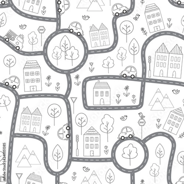 Fototapeta Black and white vector pattern with a city map