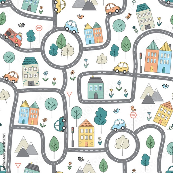 Fototapeta Vector pattern with funny city map for kids
