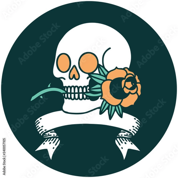 Fototapeta icon with banner of a skull and rose