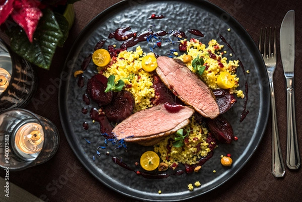 Fototapeta DUCK BREAST and crushed potatoes with truffle oil