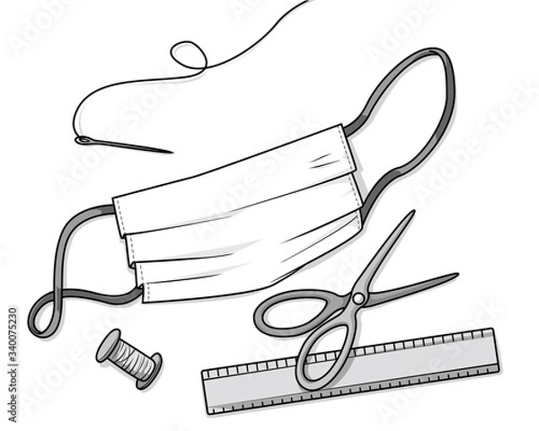 Fototapeta DIY Face Mask and tools for making one, Graycale