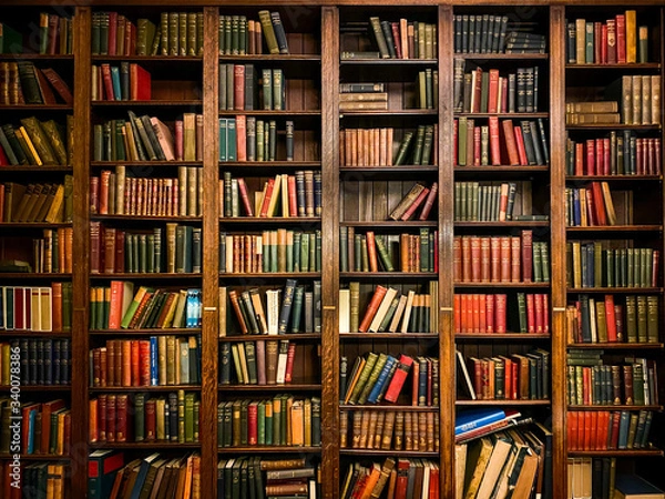Obraz Książki na półkach w bibliotece lub naukę z klasycznym ciemnym drewnem