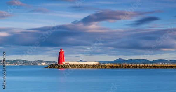 Obraz Aerial view Sunset Poolbeg lighthouse in Ireland, Dublin bay The lighthouse one of a formation of three  is located on the Great South Wall  South Bull Wall at the Port  Ringsend's Poolbeg peninsula