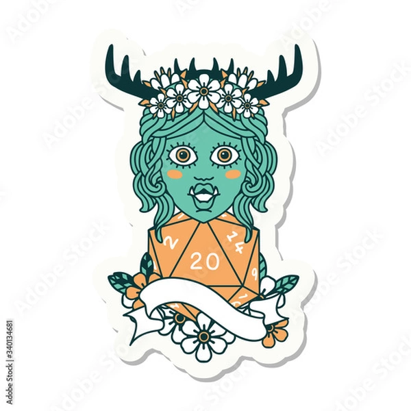 Fototapeta half orc druid character with natural 20 dice roll sticker