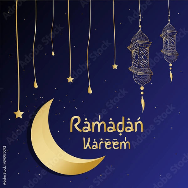 Obraz Basic RGBRamadan Kareem greeting crescent islamic symbol with hanging lantern paper art cutout