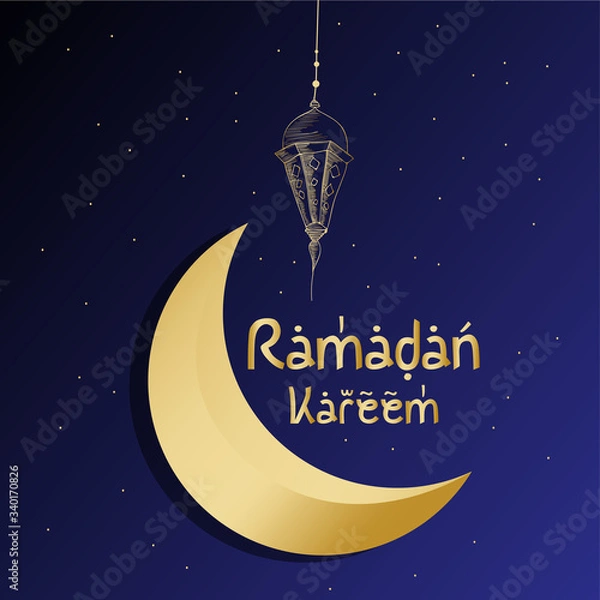 Obraz Ramadan Kareem greeting crescent islamic symbol with hanging lantern paper art cutout
