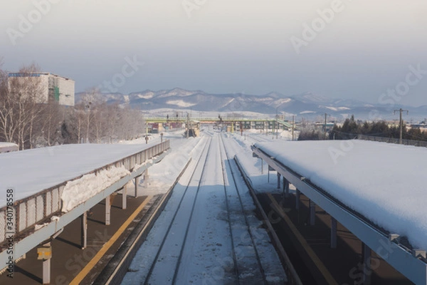 Fototapeta The atmosphere of the train station in the region Hokkaido after the snowstorm caused the train to not be able to open, resulting in a lot of tourists stuck at furano station.