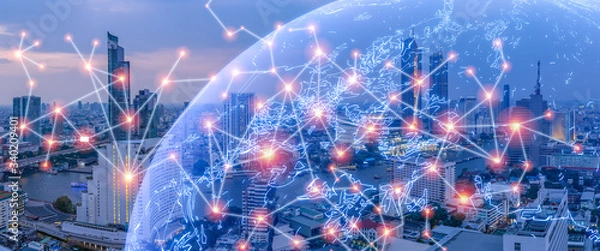 Fototapeta Wireless Network City concept, with line connecting together, modernize an internet of things era connecting everything in city background of metropolis city urbanize