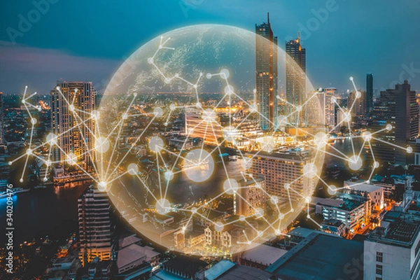 Obraz Wireless Network City concept, with line connecting together, modernize an internet of things era connecting everything in city background of metropolis city urbanize
