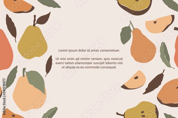 Fototapeta Pear classic background with hand-drawn colorful fruit icons with leaves and text. Nature plant illustration.