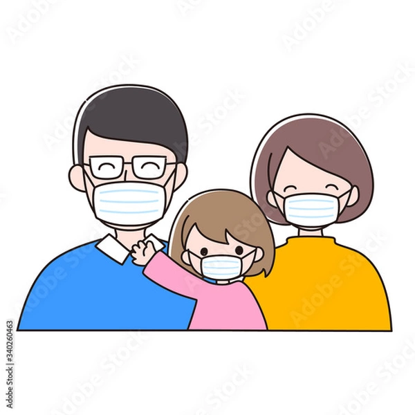 Fototapeta マスクをつけている３人家族　感染予防