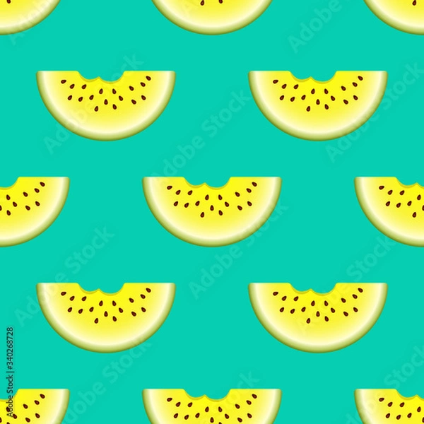 Fototapeta Vector watermelon seamless pattern. Bitten semicircle slice watermelon on turquoise background. Colorful vector illustration gradient fill in flat style.