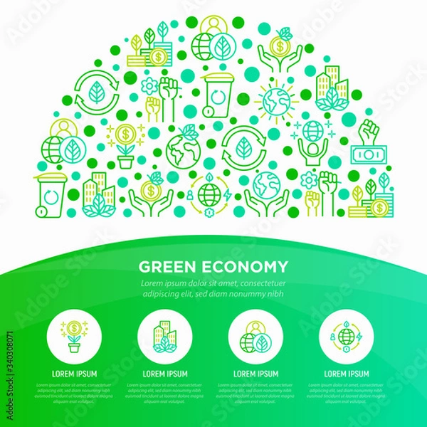 Fototapeta Green economy concept in half circle with thin line icons: financial growth, green city, zero waste, circular economy, anti-globalism, global consumption. Vector illustration for environmental issues.