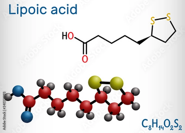 Fototapeta Lipoic acid, LA, ALA,  alpha lipoic, thioctic acid, lipoate molecule. It is organosulfur compound, vitamin-like antioxidant, enzyme cofactor. Structural formula, molecule model