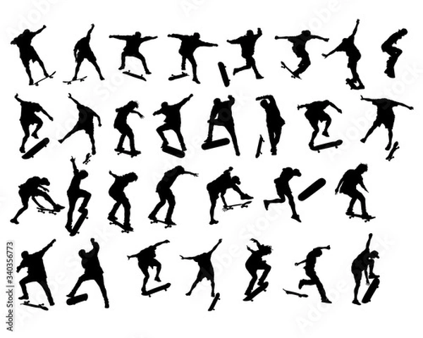 Fototapeta Young athlete on a skateboard. Isolated silhouette on a white background