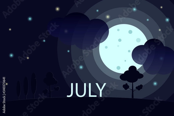 Fototapeta The inscription JULY on the background of the night summer sky full of the moon and stars