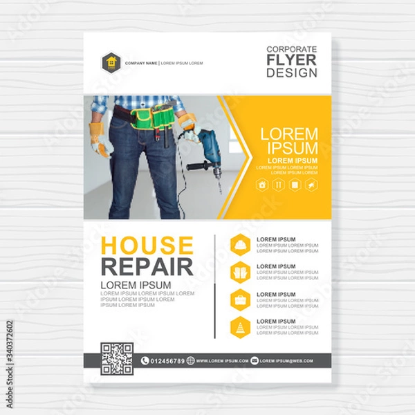 Fototapeta Construction tools cover a4 template and flat icons for a report and brochure design, flyer, banner, leaflets decoration for printing and presentation vector illustration